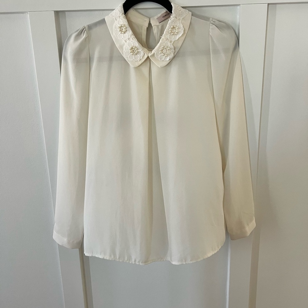 Vintage Ulima Staff Seni Sheer Cream Blouse with Pearl & Lace Embroidered Collar
